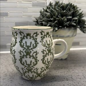 Sur la Table White Ceramic Mug with Green Filigree Pattern